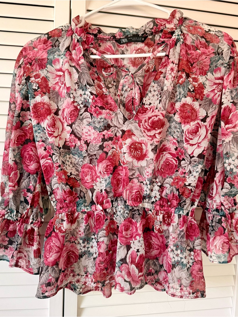 Zara Rose-Pink Floral Tie-Neck Peplum Blouse
